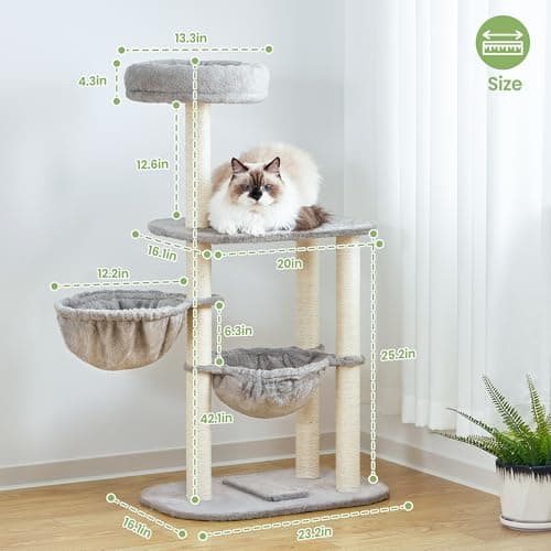Small Cat Tree Tower with Lots of Scratching Posts - 42 Inch Medium Compact Cats Scratch House with Hammock Perch for Multi Level 2 Kitty - Indoor Corner Cat Bed Condo Climbing Gym Towers Furniture - Thumbnail 5