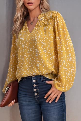 Dokotoo Womens Tops Spring Summer Blouses Boho Long Sleeve Shirts for Women Button Down V Neck Drawstring Babydoll Smocked Business Casual Outfits Ladies Elegant Blouses Plus Size Clothes Yellow XXL - Thumbnail 3