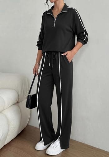 BTFBM Two Piece Sets for Women Fall Fashion 2026 Long Sleeve Half Zip Lounge Set Wide Leg Pants Vacation Airport Outfits (Black,Small) - Thumbnail 5