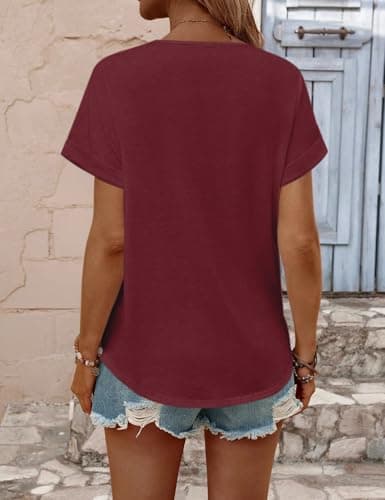 JUSTFASHIONNOW Womens Summer Tops Short Rolled Sleeve V Neck Tshirts 2026 Casual Dressy Business Work Blouses(Burgundy Small) - Thumbnail 6