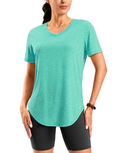 Viodia Womens Workout Tops Full Back Coverage Athletic Shirt UPF 50+ Quick Dry Short Sleeve T Shirts V Neck Gym Yoga Tunic Heather Jade Green XL - Image 1