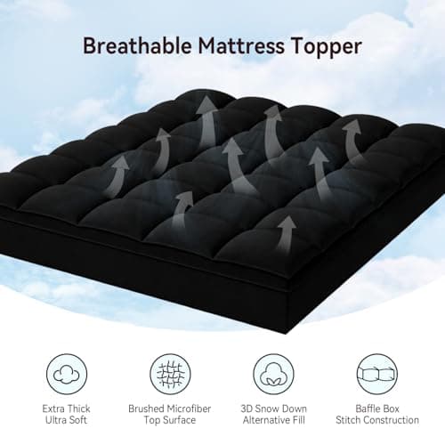 ABENE Mattress Topper King for Back Pain Relief, Extra Thick Mattress Pad Pillowtop, Soft Mattress Protector Cover with 8"-21" Deep Pocket, Overfilled Down Alternative Filling (Black, King) - Thumbnail 2
