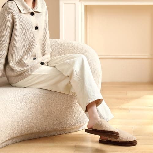 Parlovable Women's Memory Foam House Slippers - Polar Fleece Lining Non-Slip Indoor Shoes Camel 5-6 - Thumbnail 2