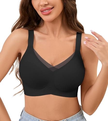 POSESHE Womens Wireless Bras V Mesh Comfortable Bralette Supportive Tshirt No Underwire Seamless Push Up Everyday Bra Black