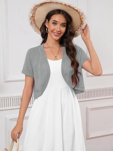 Heymoments Women's Short Sleeve Shrugs Light Grey 2X-Large Lightweight V-Neck Open Front Cropped Cardigan Knitted Bolero Sweaters Elegant Dresses Cover Up - Thumbnail 3
