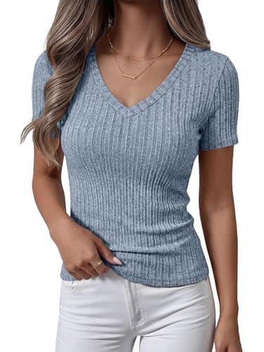 ANRABESS Womens Tops Summer Short Sleeve V Neck Sweater,Light Blue,M