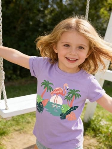 Funnycokid Little Girls Shirt Size 6 7 Kids Pink Tee Hawaiian Flamingo Animal T-Shirt Graphic Short Sleeve Clothes Tops - Thumbnail 3