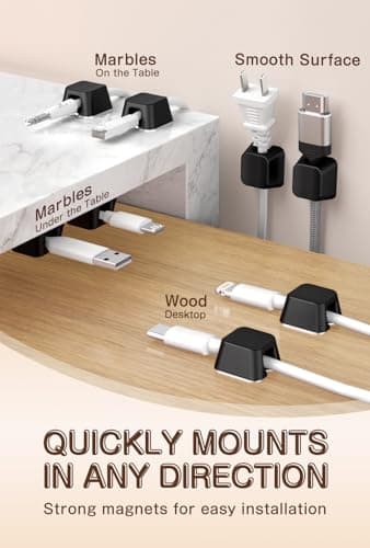 Maveek Magnetic Cord Clips, Cable Holder Magnet Silicone Cord Organizer Keyboard Keys Square Cable Management for Charging USB C Ethernet HDMI Home Office Car TV Cables (5 Pack, Black) - Thumbnail 2