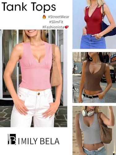 Imily Bela Women's Sexy Plunge Deep V Neck Going Out Tank Top Summer Sleeveless Slim Fitted Workout Tops Grey - Thumbnail 6