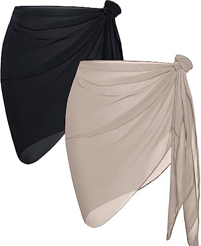 2 Pieces Sarong Cover Ups for Women Beach Bathing Suit Wrap Sheer Short Skirt Bikini Chiffon Scarf for Swimwear (Black & Light Khaki) - Image 1