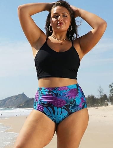 Arolina Women's Plus Size High Waisted Swim Shorts Tummy Control Ruched Bikini Bottoms Full Coverage Tankini Bathing Ruched Suit Bottoms - Thumbnail 4