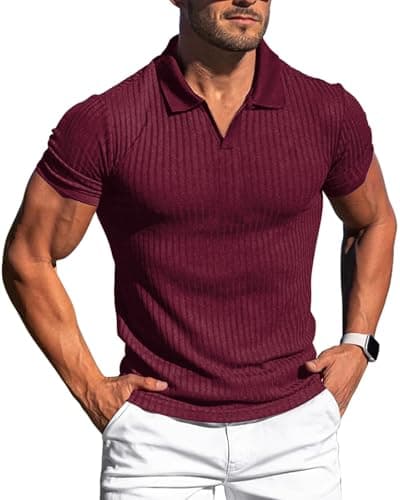 Collared Muscle Shirts for Men Ribbed Knit Slim Fit Polo Shirts Short Sleeve, Mens V Neck T Shirts Casual Stylish - Image 1
