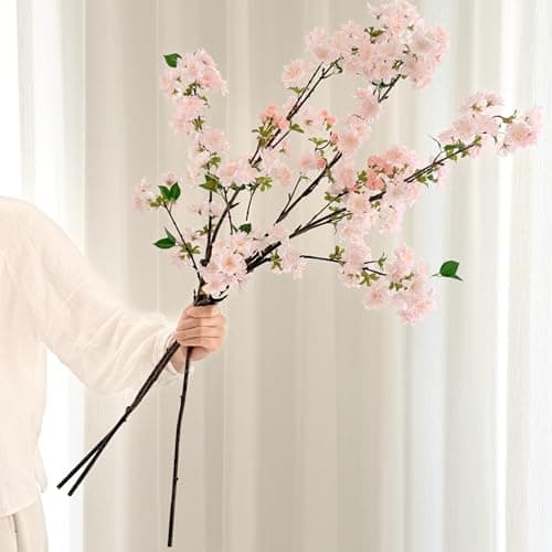 Senjie Artificial Cherry Blossom Branches, Fake Flowers Bouquet with Real Touch Long Stems, Faux Silk Flowers for Vases Wedding Party Table Centerpieces Spring Home Decor (3PCS, Vase Not Included) - Image 1