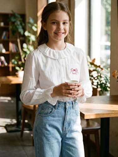 Barry Banny Girls White Button Down Shirt Peter Pan Collar White Blouse with Ruffle Hem Uniform Top for 6-7Y - Thumbnail 3