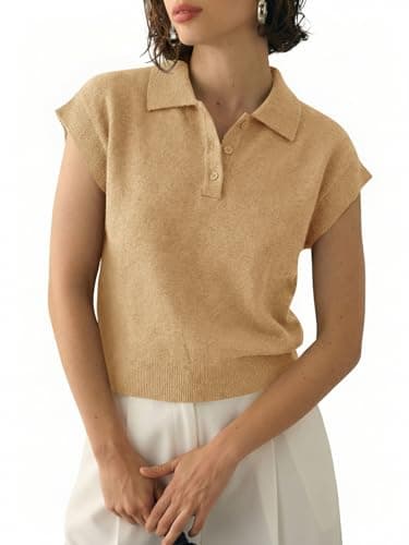 Saodimallsu Womens Cap Short Sleeve Sweater Top Summer Polo Shirts Button Collared Knit Business Casual Pullover Sweater Khaki - Image 1