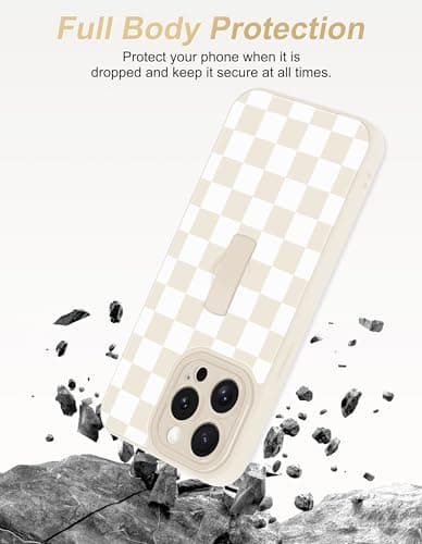 Aitipy Checkered Phone Case Compatible with iPhone 13 Pro, with Finger Hand Strap Kickstand Shockproof Full Camera Protection Soft TPU Protective Cover for Women Girls, Beige Checkerboard - Thumbnail 4