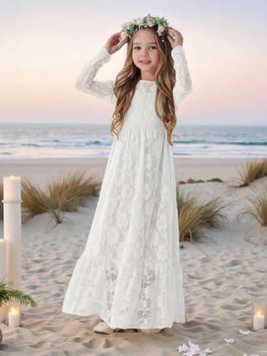 ALLOVIN Toddler & Girls Long Sleeve Lace Flower Girl Dress Maxi Boho A-Line Dress for Wedding Baptism 1st Communion | White | 11-12Y - Thumbnail 5