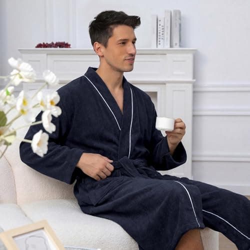 Inner Wish Men's Terry Cloth Bathrobe - Soft Absorbent Quick-Dry Spa Robe with Pockets, Lightweight Robe for Lounge & Shower，Navy，S/M - Thumbnail 6