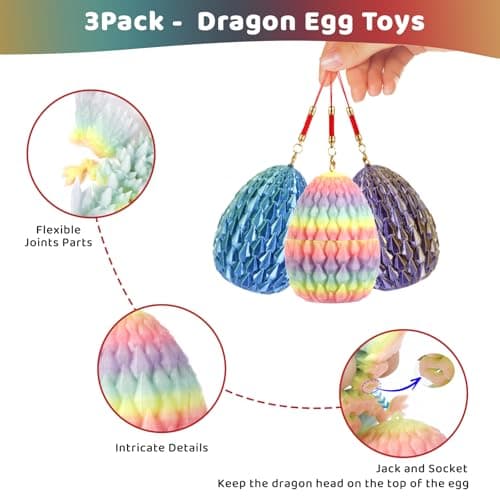 3PCS 3D Printed Dragon Egg with Crystal Dragon - Articulated Fidget Toys for Home Office Decor Suprprise eggs, Easter Basket Stuffer, stocking stuffers - Gifts for Gamers, D&D Fans (Style-1) - Thumbnail 3