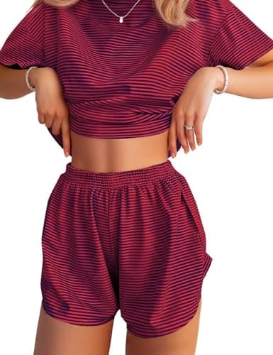 JUSTFASHIONNOW Side Split Shorts Pajama Set for Womens Two Piece Pajama Set Striped Print Crew Neck Short Sleeve Tee and Side Split Shorts Set Summer Cute Pj Sets Red Navy XL - Image 1
