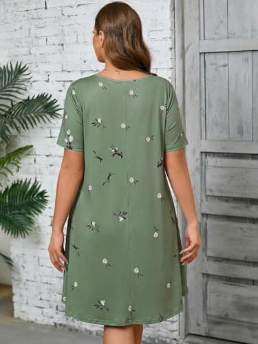 AusLook Plus Size Floral Midi Dress for Women Casual Summer Short Sleeve A Line Swing 5X Dress with Pockets Round Neck Flowy Knee Length T Shirt Vacation Beach Sundress - Thumbnail 5