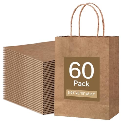 Qioxiou 60 Pack Kraft Paper Gift Bags with Handles 5.91x3.15x8.27 Brown Gift Bags Bulk Small Size for Birthday Party Favors Grocery Retail Shopping Business Goody Craft Bag Cub Sacks Merchandise - Image 1