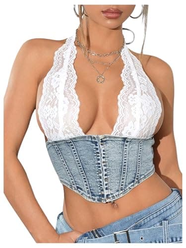 MakeMeChic Women's Denim Halter Top Floral Lace Jean Corset Concert Open Back Sleeveless Y2k Tank Crop Tops Medium Wash Medium - Image 1