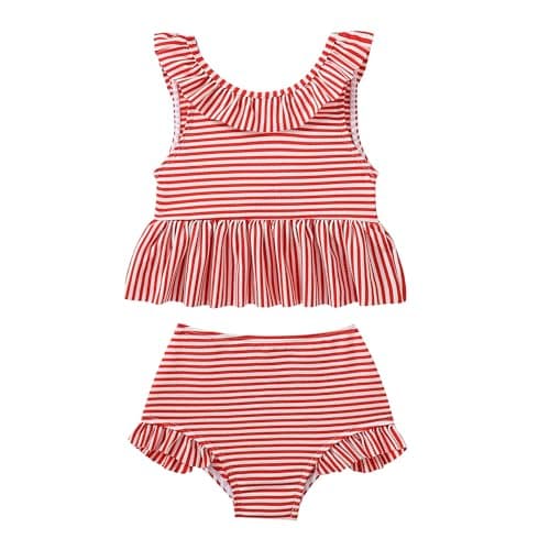 YWFSHOP Baby Girl Swimsuit Two Piece Striped Bikini with Back Bow Toddler Girls Tankini Summer Beach Bathing Suit 6M-5T Red - Image 1