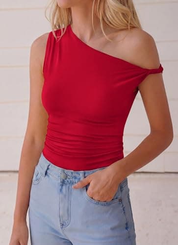 BTFBM Off The Shoulder Tops for Women 2026 Cute Summer Casual Sleeveless Slim Fit y2k Spring Outfits Going Out Tank Top(Red, Small) - Thumbnail 5