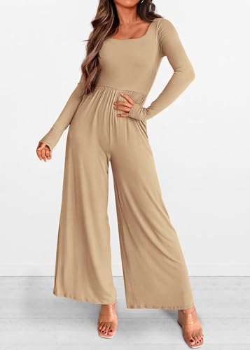 KIRUNDO Long Sleeve Jumpsuit for Women 2026 Spring Outfits Summer One Piece Square Neck Wide Leg Pants Romper With Pockets(Khaki, Large) - Thumbnail 5