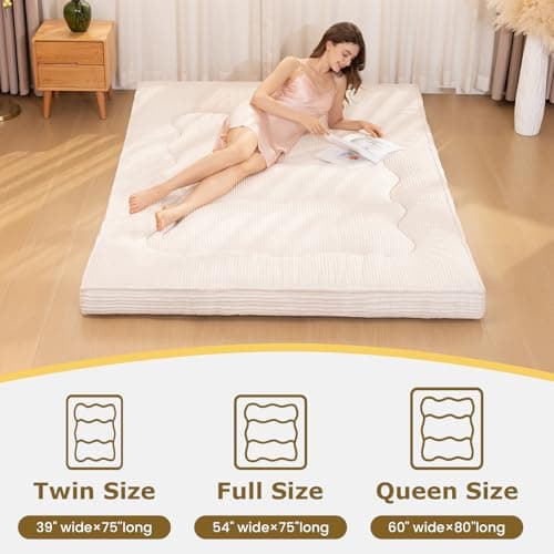 NLDD Futon Mattress Queen Size, 4" Thicken Japanese Futon Mattress Sleeping Pad, Corduroy Foldable Floor Mattress, Roll Up Tatami Mat for Adults Guest Room Bedroom, Beige - Thumbnail 4