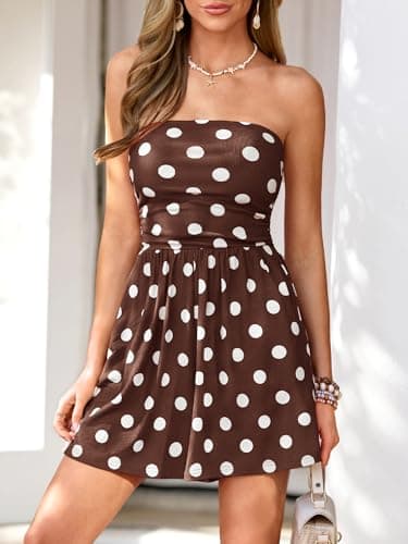 BTFBM Rompers For Women 2026 Summer Strapless Printed Tube Boho Wide Leg Beach Short Jumpsuit Spring Date Night Romper(Polka Dots Brown, Small) - Thumbnail 4
