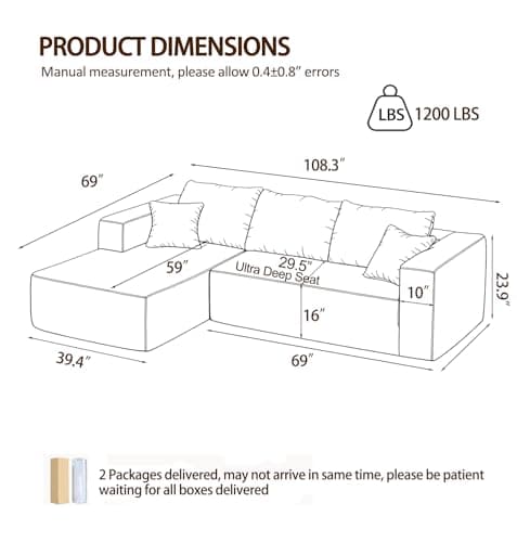 108" Modular Sectional Sofa, L-Shaped Cloud Couch with Deep Seats & Chaise, Convertible 4-in-1 Corduroy Boneless Couches for Living Room, Bedroom, No-Assembly - Brown - Thumbnail 2