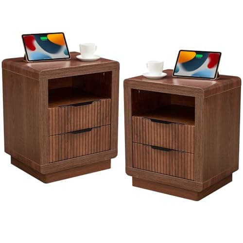 YANSNWO Fluted Nightstand Set of 2, 23.6" H Bedside Table with Charging Station, Modern End Table with Thickened Curved Profile Design for Bedroom, Walnut - Image 1