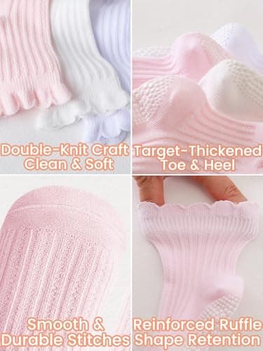 ALLOVIN 6 Pairs Non-Slip Ruffle Lace Socks for Baby & Toddler Girls – Soft Cotton Grip Socks | Pure White/Off-White/Pink | 3-5 Years - Thumbnail 5