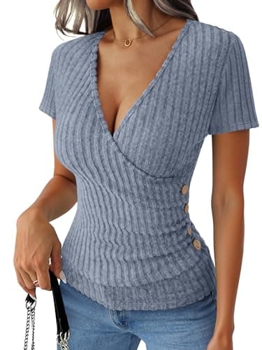 ANRABESS Women Short Sleeve V Neck Shirts,Blue,XL