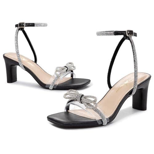 Athlefit Black Rhinestone Bow Heels for Women Open Square Toe Low Heels Ankle Strap Dressy Block Heeled Sandals Size 6 - Thumbnail 5