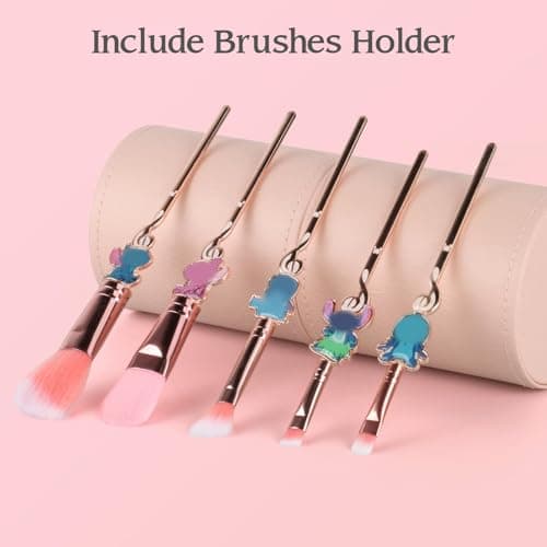 5 Pcs Makeup Brushes Set with Brushes Holder, Blue Big Eyes Alien Cartoon Makeup Brushes Set, Gifts for Women Girls - Thumbnail 3