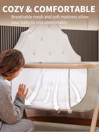 Jestonten Baby Bassinet, Bassinet Bedside Sleeper with Waterproof Bassinet Sheets and Soft Mattress, Safe Adjustable Height Bedside Bassinets with Wheels, Girl/Boy Bassinets, Khaki - Thumbnail 4