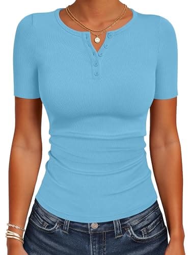 ANRABESS Womens Tops Short Sleeve Henley Shirts 2026 Summer Ribbed Slim Fit Basic Casual Tee Blouse Trendy Spring Clothing Blue Medium