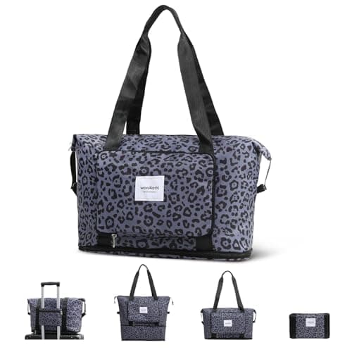 WOOMADA Foldable Travel Duffel, Weekender Bag with Expandable Space, Carry-On for Airplanes, Gym Bag for Women (Black Leopard) - Image 1
