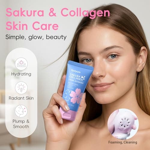 QUIYUM Sakura Collagen Skin Care Set - 5pcs Skincare with Facial Cleanser, Serum, Cream, Pink Facial Brush, Bunny Hair Band & Makeup Bag, Deep Cleansing, Hydrating, Firming, Even Tone, Radiance - Thumbnail 2