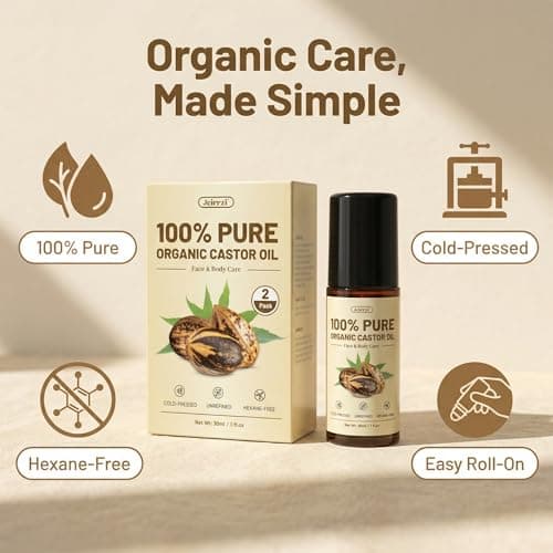 Jeirrzi Organic Castor Oil Roll-On | 100% Pure for Skin, Face, Brows| Hexane-Free,Cold Pressed Glass Bottle Mess-Free Dual Applicator (One for Face, One for Body) Travel Size 2 x 1fl oz - Thumbnail 2