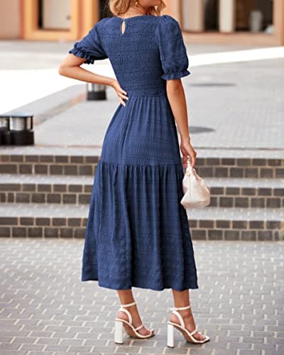 dowerme Womens Summer Dresses 2025 Casual Puff Short Sleeve Crewneck Smocked Flowy Ruffle Boho Beach Party Maxi Sundress(Navy,Small) - Thumbnail 5