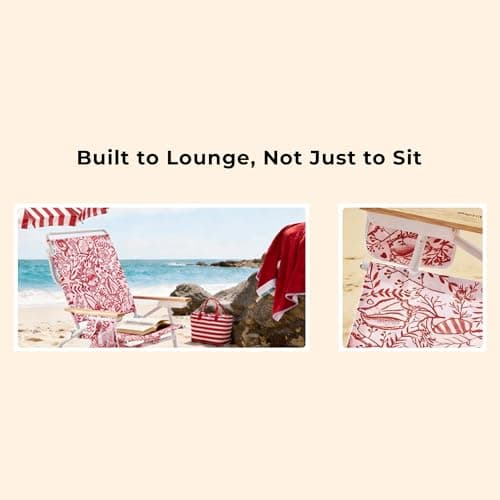 DEER LAND 5-Position Low Beach Chair, Portable Lightweight Folding Beach Chair with Wooden Armrests, Storage Pouch & Carry Strap, Coastal Beach Print – Reef Crimson - Thumbnail 4