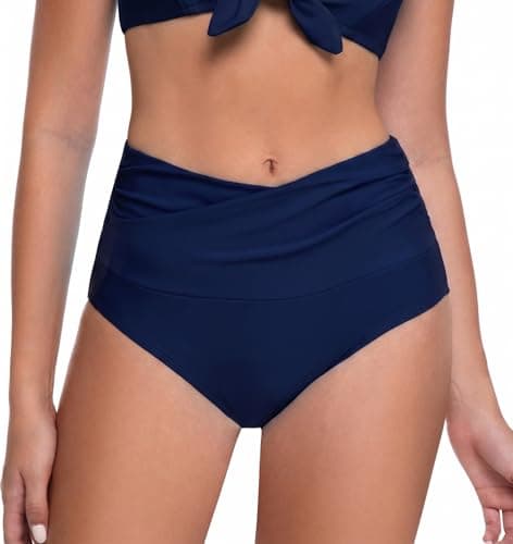 COCOPEAR V-Cross High Waisted Bikini Bottoms Tummy Control Full Coverage Bikini Bottoms for Women Navy Blue 3XL - Thumbnail 6