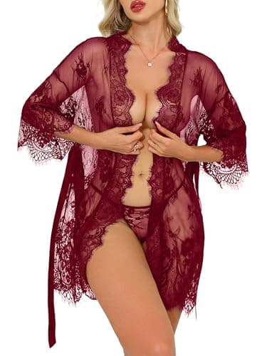 Rigeri Red Lingerie Lace Kimono Robe Sexy Costumes Honeymoon Wine Red M