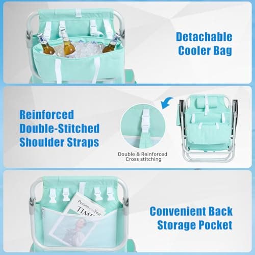 SUNNYFEEL Low Beach Chair, 5-Position Lay Flat Reclining, Backpack Portable Folding Chair with Cooler Bag & Cup Holder, Heavy Duty 350 LBS, Compact for Beach, Camping, Travel - Thumbnail 6