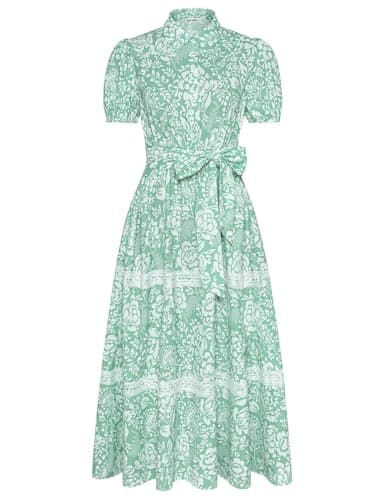 GRACE KARIN Women's 2026 Summer Floral Flowy Dresses Boho Tie Belt Short Puff Sleeve A Line Maxi Shirt Dress with Pocket Green White Large - Image 1