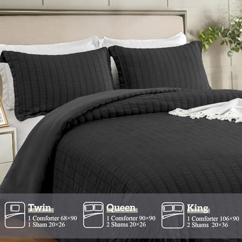 satisomnia King Comforter Set Black, Soft Seersucker Comforters King Size Bed, 3 Pieces Lightweight Down Alternative Bedding Comforter Sets All Season, Fluffy Comforter with 2 Shams 106x90 in - Thumbnail 6